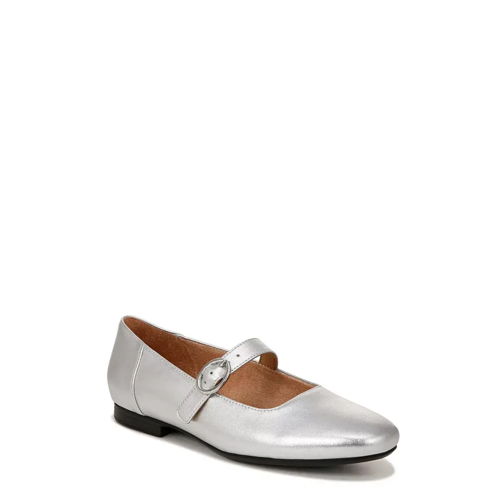 Naturalizer Women's Kelly Mary Jane Flats in Metallic Leather, Classic Low Heel Dress Shoes with Buckle and Contour+ Comfort, Footwear