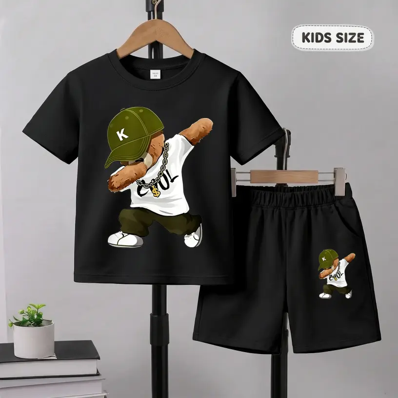 Boys' Hip Hop Style Cartoon Bear Graphic Print Short Sleeve T-Shirt and Shorts Set, Casual Kids Summer Outfit, Comfortable Crew Neck Two-Piece Set for Daily Wear, Outdoor Activities and Play