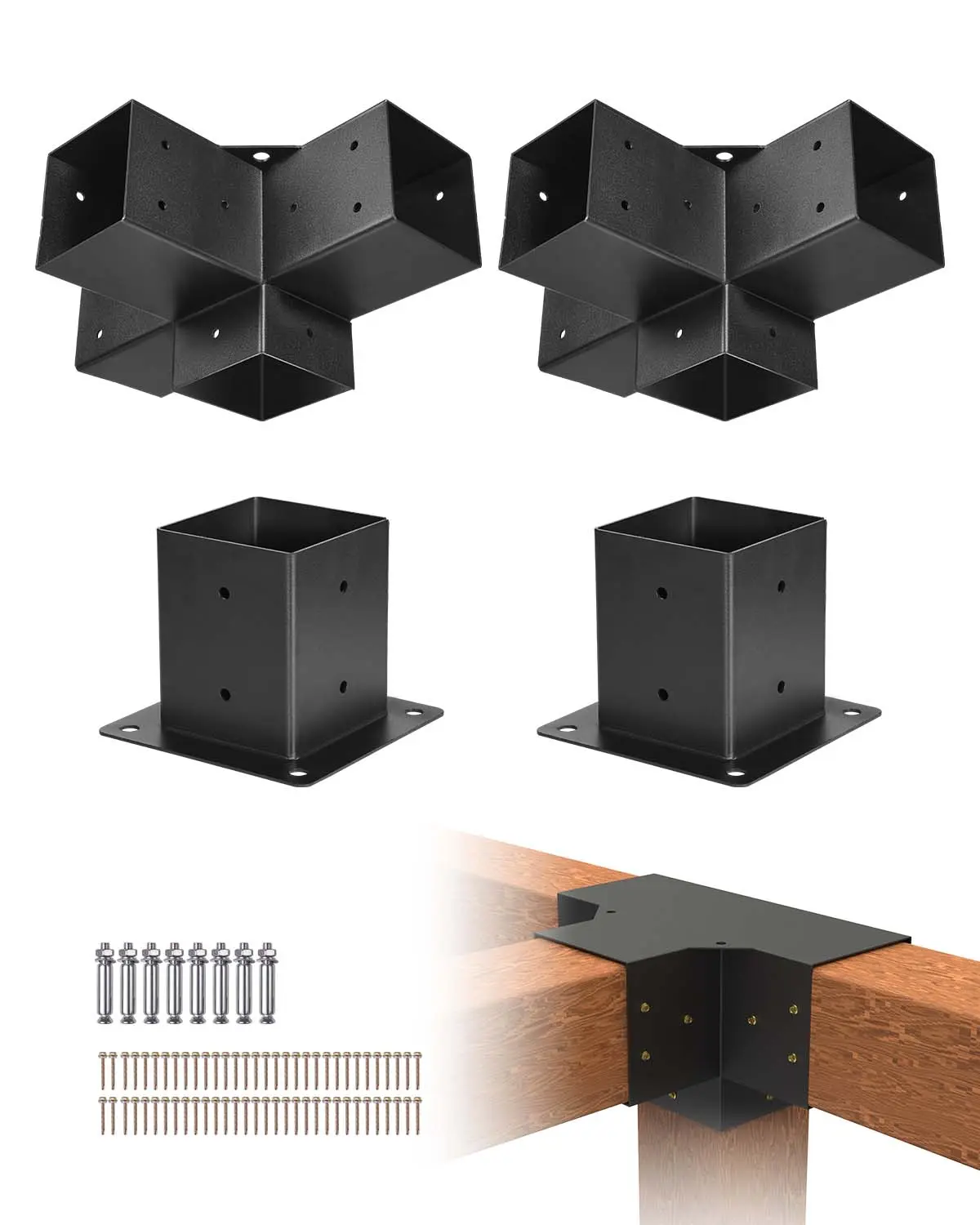 VEVOR 2 Pcs Carbon Steel 4-Way Heavy Duty Pergola Corner Bracket Kit, Inner 3.5x3.5in Size (Fits 4x4in Posts), Stainless Screws Included, Easy-Install DIY Post Base for Concrete/Wood Structures, Ideal for Gazebos/Patios (For DIY Users)