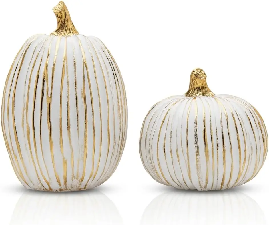 Pumpkin Home Decor Fall Thanksgiving Table Centerpiece | Artistic Sculpted Resin, Thanksgiving Centerpiece, Elegant White Gold Line, 6.4-Inch Height
