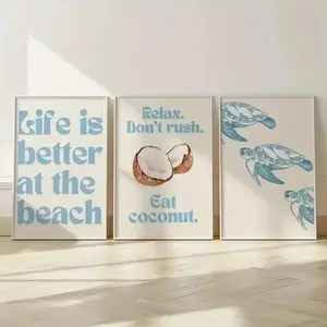 3pcs Summer Coconut Turtle Animal Design Canvas Art Set, Coastal Nautical Light Blue Peaceful Living Room Modern Decoration Poster, Unframed Wall Hanging