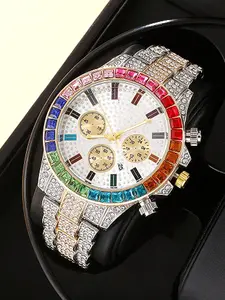 Men's Fashion Colorful Rhinestone Decorated Quartz Wristwatch, Fashion Watch for Party, Daily Clothing Decor, Trendy All-match & Exquisite Watch for Birthday Gift