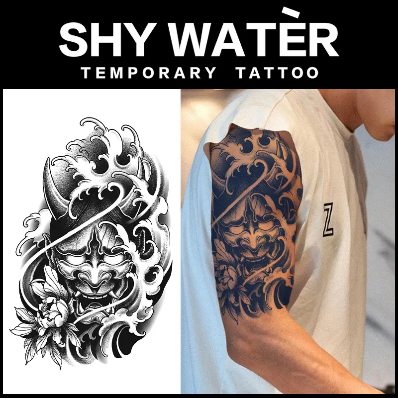 Hannya Mask Wave Peony Temporary Tattoo Sticker - 2 Sheets Semi Permanent Waterproof Realistic Fake Tattoos, Japanese Traditional Style, for Men Arm, All Skin Types Ideal for Swimming, Festival