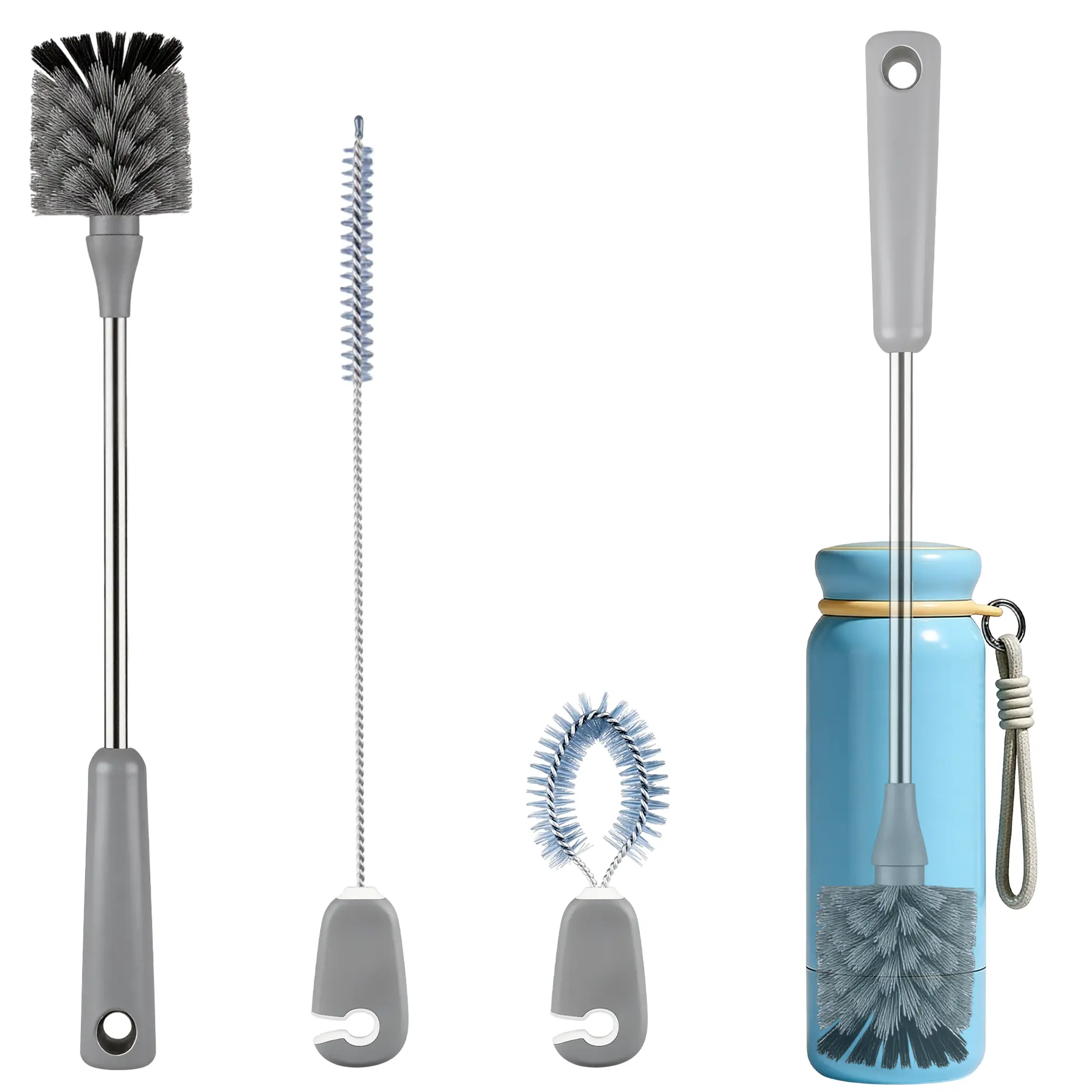 3-in-1 Kitchen Drinkware Accessory Bottle Cleaning Brush Set - Long-Handle Cleaner for Water Bottles, Tumblers, Straws