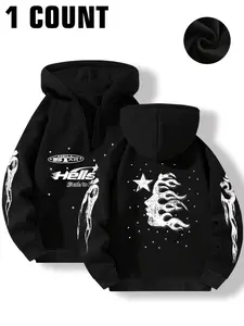 Men's Letter Star Print Off-Shoulder Zip Hoodie, Graphic Print Hoodie, Fashion Casual Long Sleeve Hooded Sweatshirt, Daily Vacation Outdoor Wear, Winter Men's Clothing