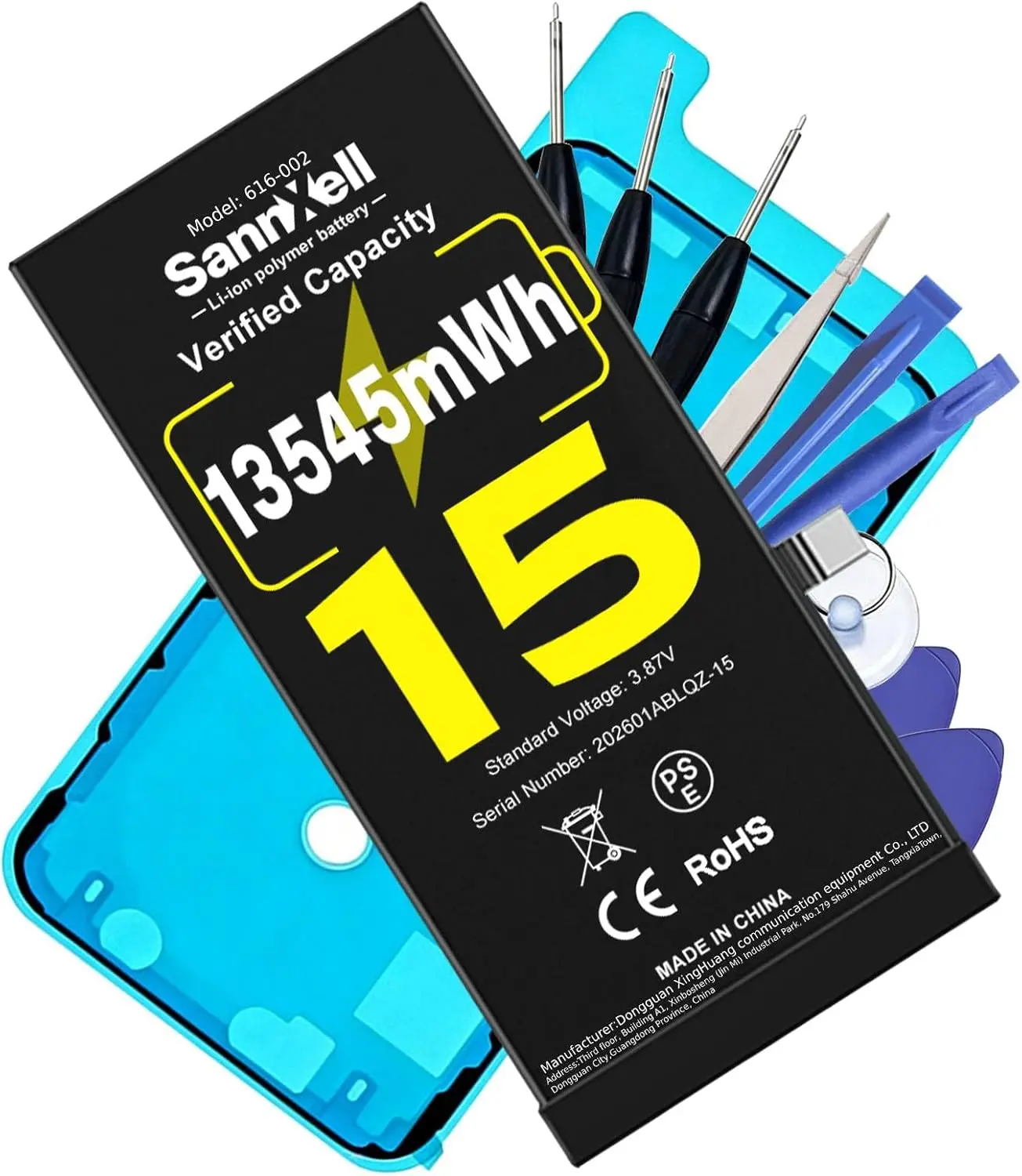SannXell Upgraded High-Capacity Sealed Aluminium IC-Protected Lithium Ion iPhone 15 Replacement Battery (13545mWh, 0-Cycle, Secure Fit, Advanced Safety Tech, Auto Power-Lock Tech) with Full Repair Tool Kit for A2846 A3089 A3090 A3091 A3092 Models, Advance
