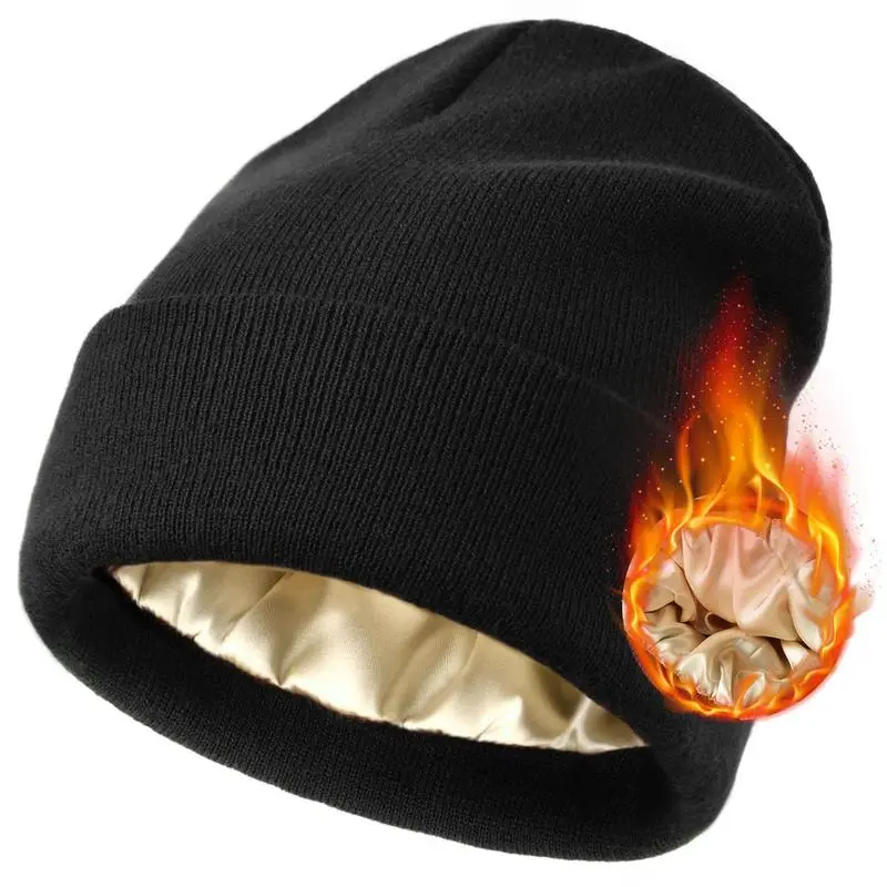 Womens Satin Lined Knit Beanies Hat Warm Silk Lined Fashion Winter Cozy Hat for Women Men Soft Slouchy Cuffed Unisex Skull Cap