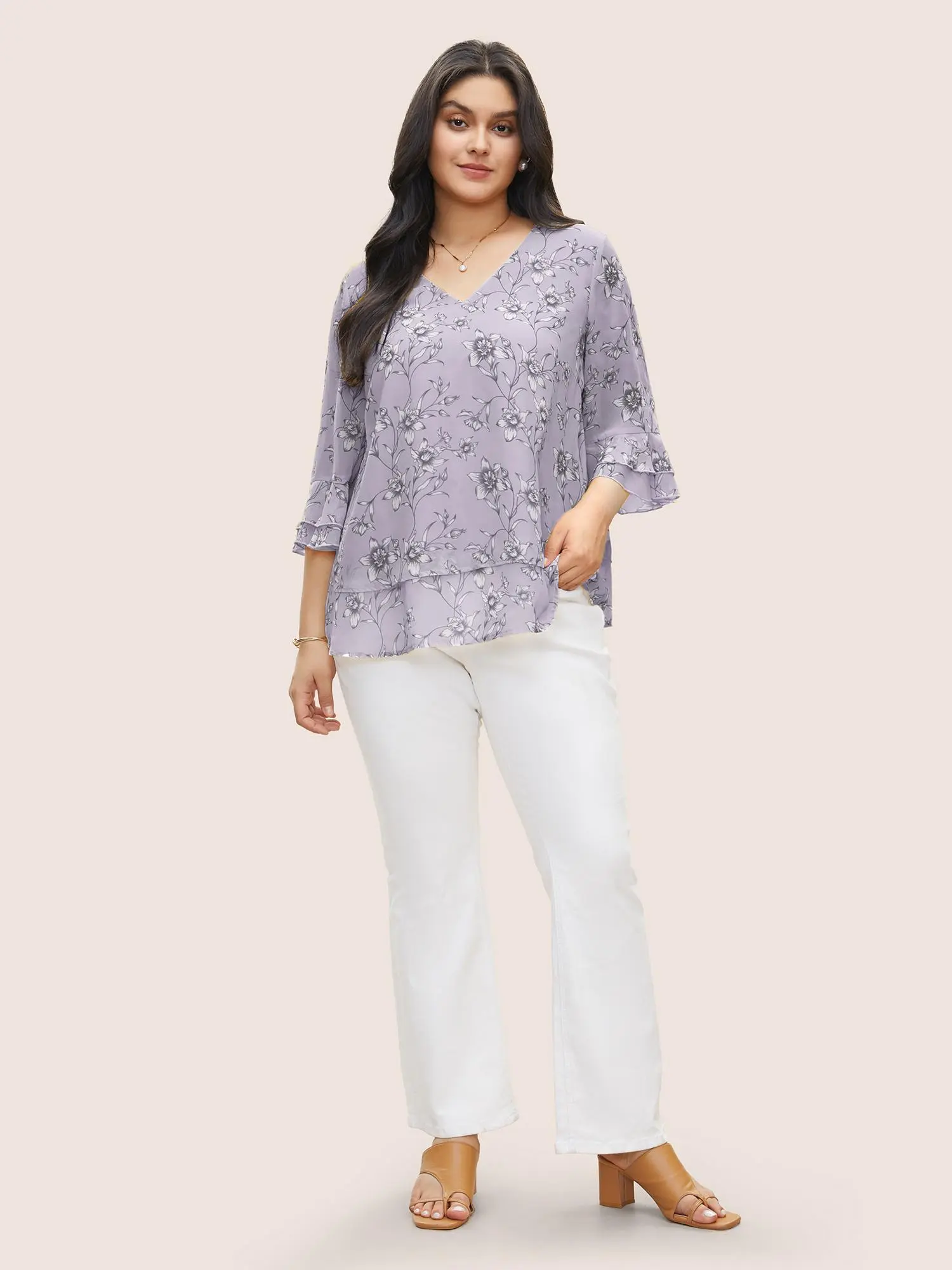 BloomChic Plus Size Daffodil Floral Print Blouse in Lilac, V-Neck Polyester Summer Top with Tiered Ruffle Sleeves, Regular Fit, Smooth, Garment, Fabric, Shirts, Colorful Style, Wardrobe Staples, Elbow-Length, Smooth Finish