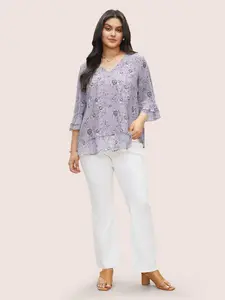 【Summer Turn-Up】【V-neck】BlOOMCHIC Plus Size Daffodils Print Tiered Ruffle Sleeve Mesh Blouse [M-6X] 2026 Summer Pick for Mother's Day