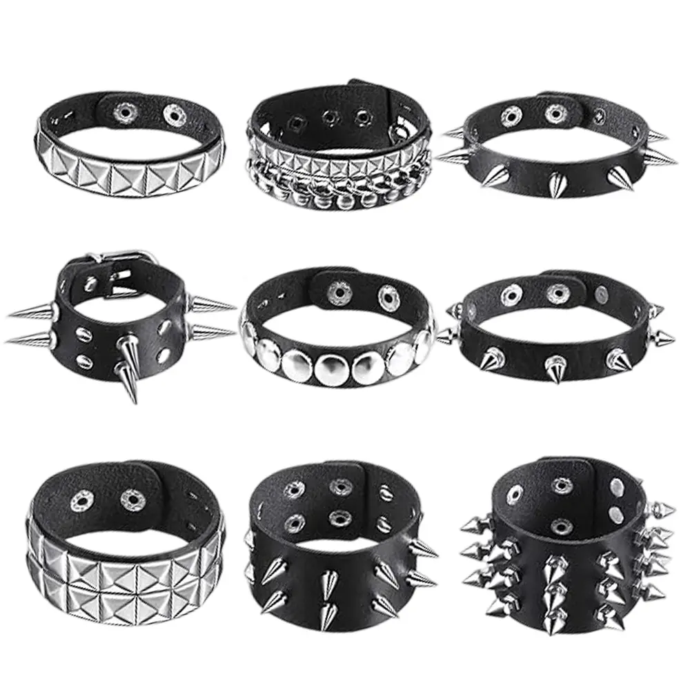 9Pcs Spiked Studded Bracelet Black Leather Rivet Punk Bracelet Y2k Cuff Wrap Bangle Snap Button Wristband Men Women - Home Improvement.