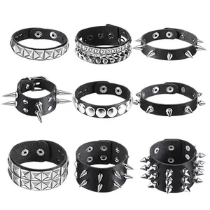9Pcs Spiked Studded Bracelet Black Leather Rivet Punk Bracelet Y2k Cuff Wrap Bangle Snap Button Wristband Men Women - Home Improvement.