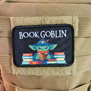 Book goblin reading joke book collection meme 2"x3" removable morale patch with hook and loop backing