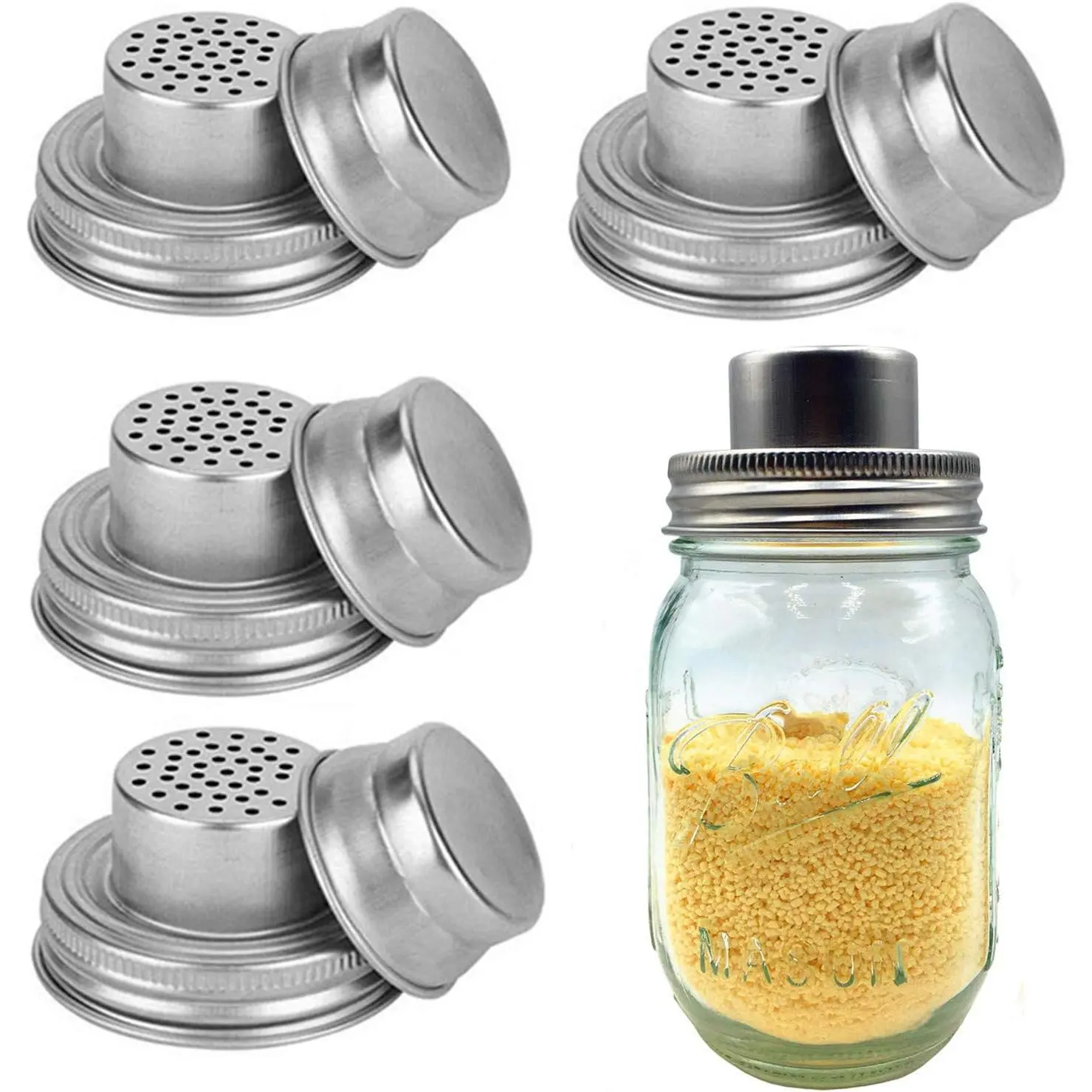 4PCS Multipurpose Mason Jar Dispenser Stainless Steel Mason Jar Shaker Lids, Multipurpose Spice, Sugar, Salt, Pepper Dispenser for Standard Mason Jars, Kitchen Gadgets