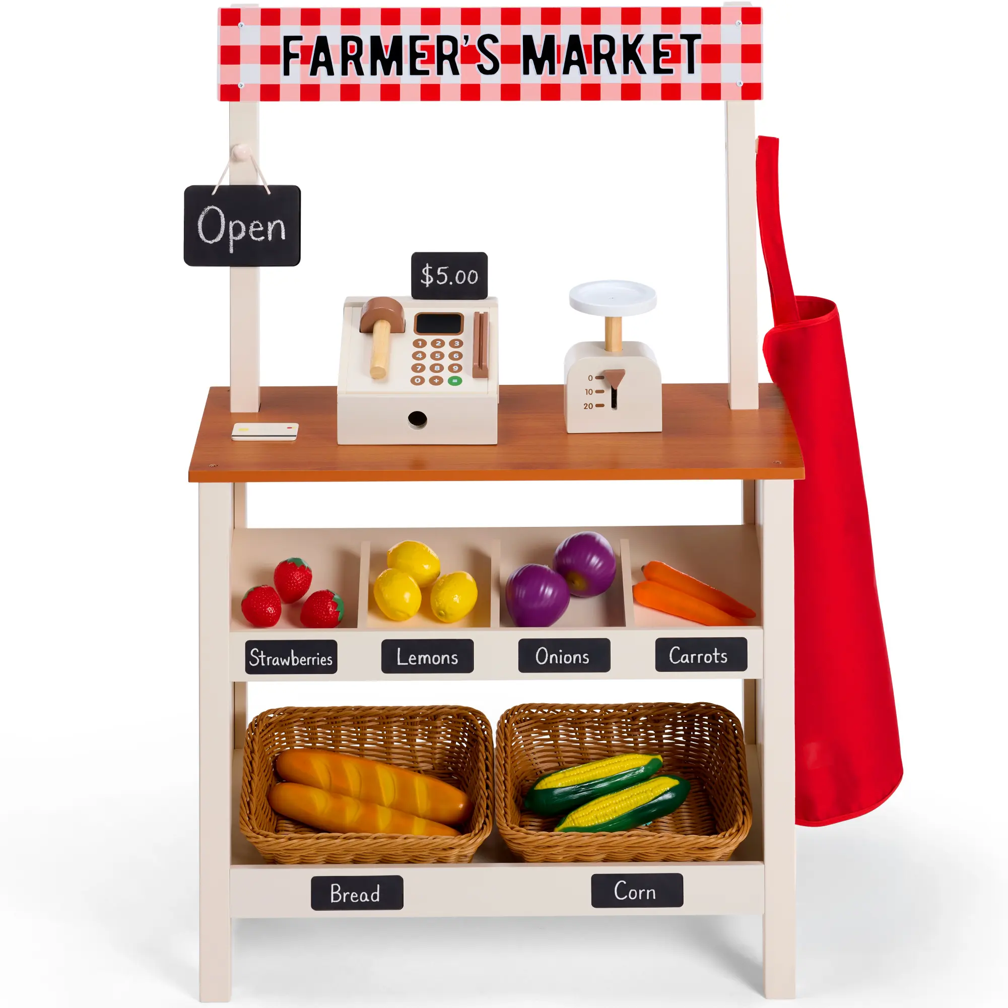 Best Choice Products Wooden Farmers Market Stand for Kids with 22 Play Food Accessories, Pretend Grocery Store