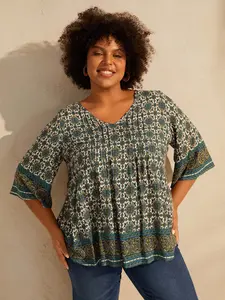 【Summer Turn-Up】【V-neck】BlOOMCHIC Plus SizePin-Tuck Pleat Ornate Print Relaxed Fit Shirt [M-6X] 2026 Summer Pick for Mother's Day