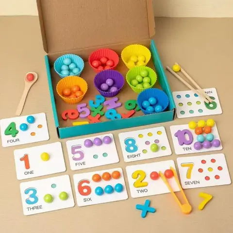 Montessori Number Counting & Color Sorting Toy for Kids, Clip Beads Math Game with Learning Cards