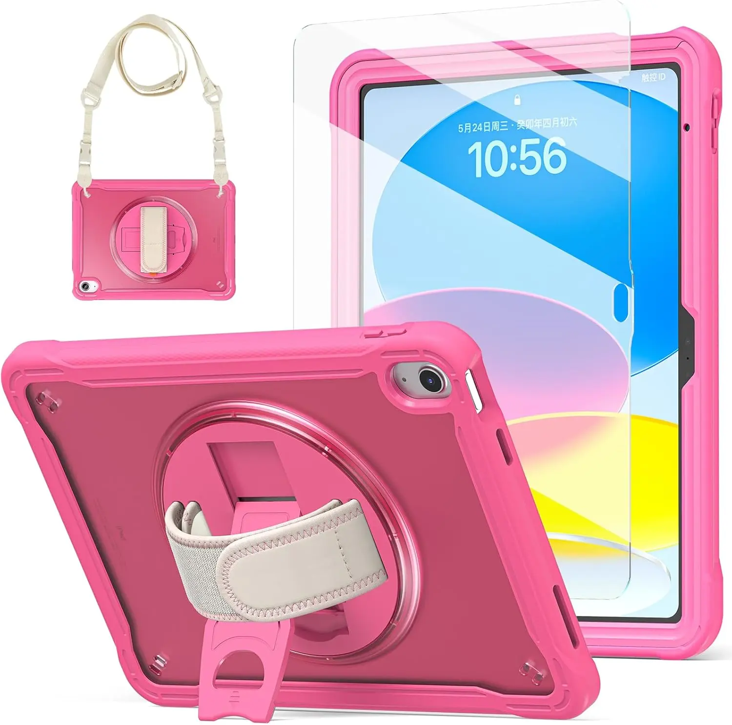Durable Transparent Tablet Cover with Tempered Glass Screen Protector, Kickstand, Pencil Holder, Adjustable Strap for Specific Fits iPad A16 11th Gen (11in, 2025) & 10th Gen (10.9in, 2022) - Pink Preppy Design for Girls, Screen Protected Tablet Accessory