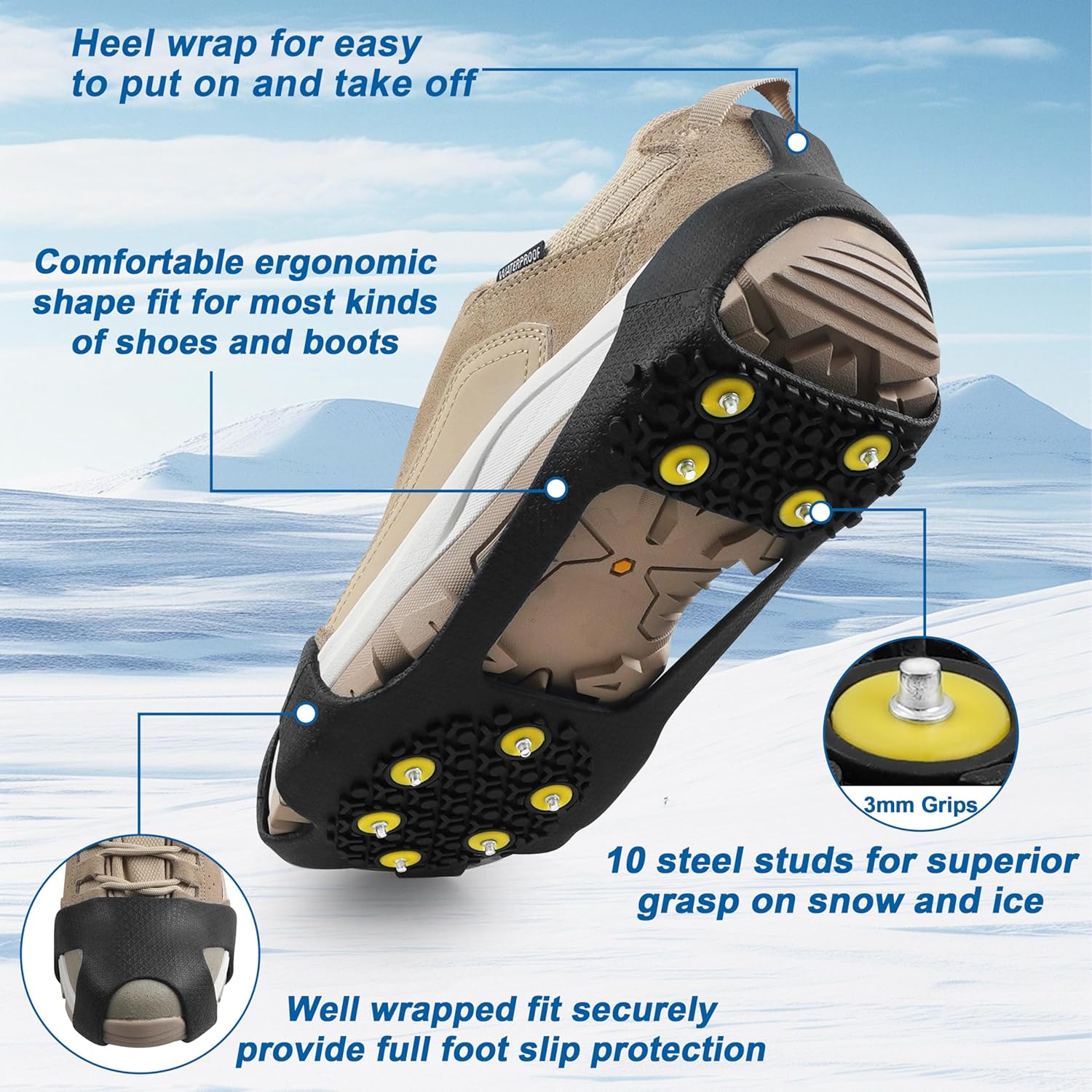 Tankye Ice Crampons Anti-Slip Shoe Covers - Lightweight 10-Tooth Spiked Sole Gadget with Chain Laces, for Winter Hiking, Snowy Terrain Ice Grip