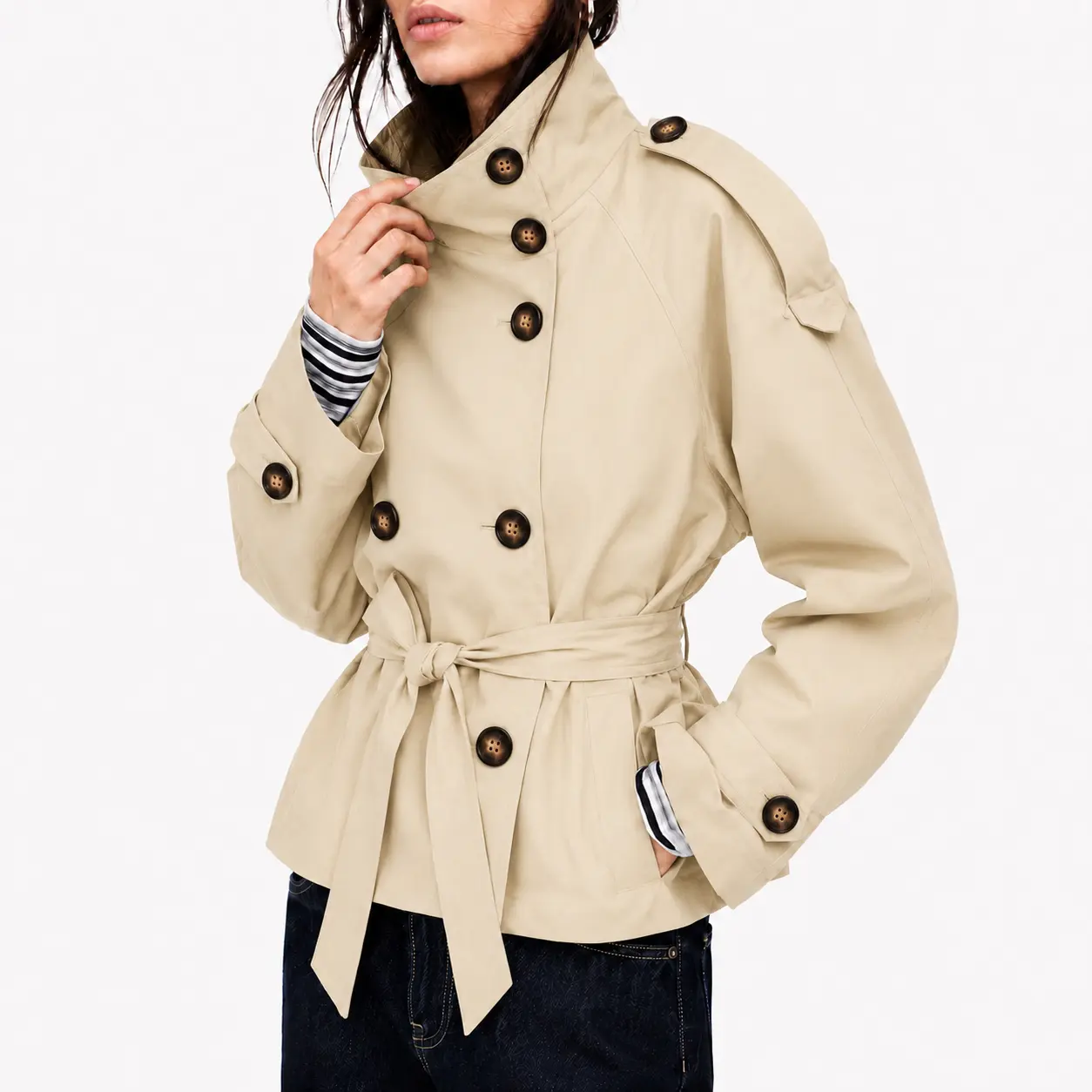Arssm Women’s Cropped Trench Coat – Double Breasted Short Jacket with Belt, High Collar Fall Winter Coat, Casual Trendy Streetwear Outfit for Daily Wear