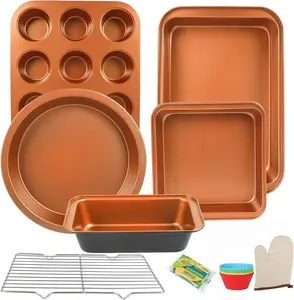 Nonstick Baking Pans Set - Stackable Bakeware with Cookie Sheet, Muffin, Round/Square Cake Pan, Loaf Pan, Rack, Oven Mitt & Spatula for Home Baker non-stick bakeware set nonstick bakeware bread pan Cooking