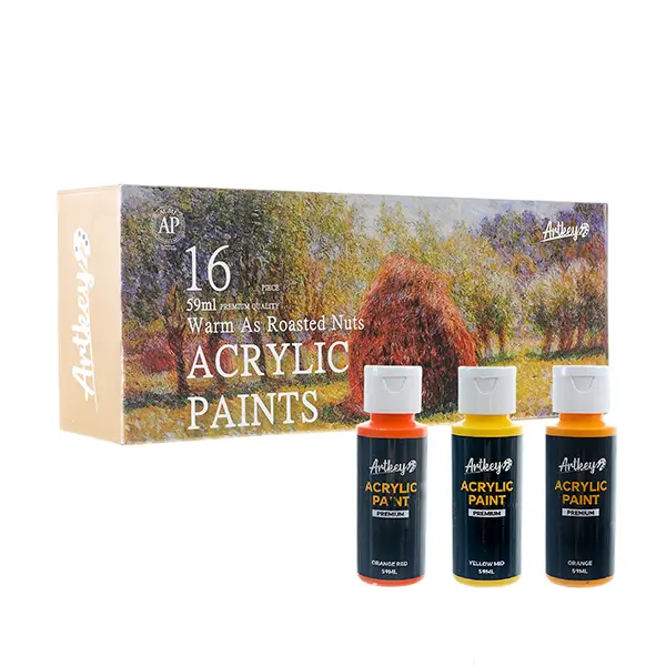 Artkey Acrylic Paint Set, 16 Colors 2 oz/59 ml Acrylic Paint Kit for Professional Artists & Beginners – Fall Warm Art & Craft Supplies for Canvas, Wood, Fabric, Rock, Leather, Ceramic, Glass
