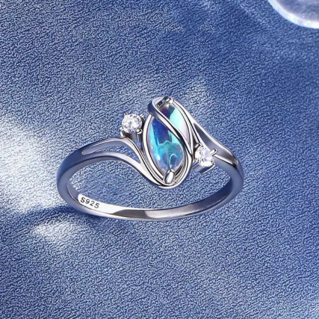 925 Synthetic Moonstone Ring with 5A CZ Accent Design, Elegant Women's Rainbow Stone Jewelry for Girls, Romantic Moon Ring Perfect Gift for Lover as Birthday and Christmas, for Daily Wear and Party,Mother's day Gift