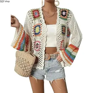 Women Vintage Floral Crochet Cardigan, Boho Hollow Out Open Front Long Sleeve Knit Top, Granny Square Tribal Pattern Casual Shrug with Belt, Lightweight Lace Knitted Coat for Spring Summer Daily Street & Vacation Outfit