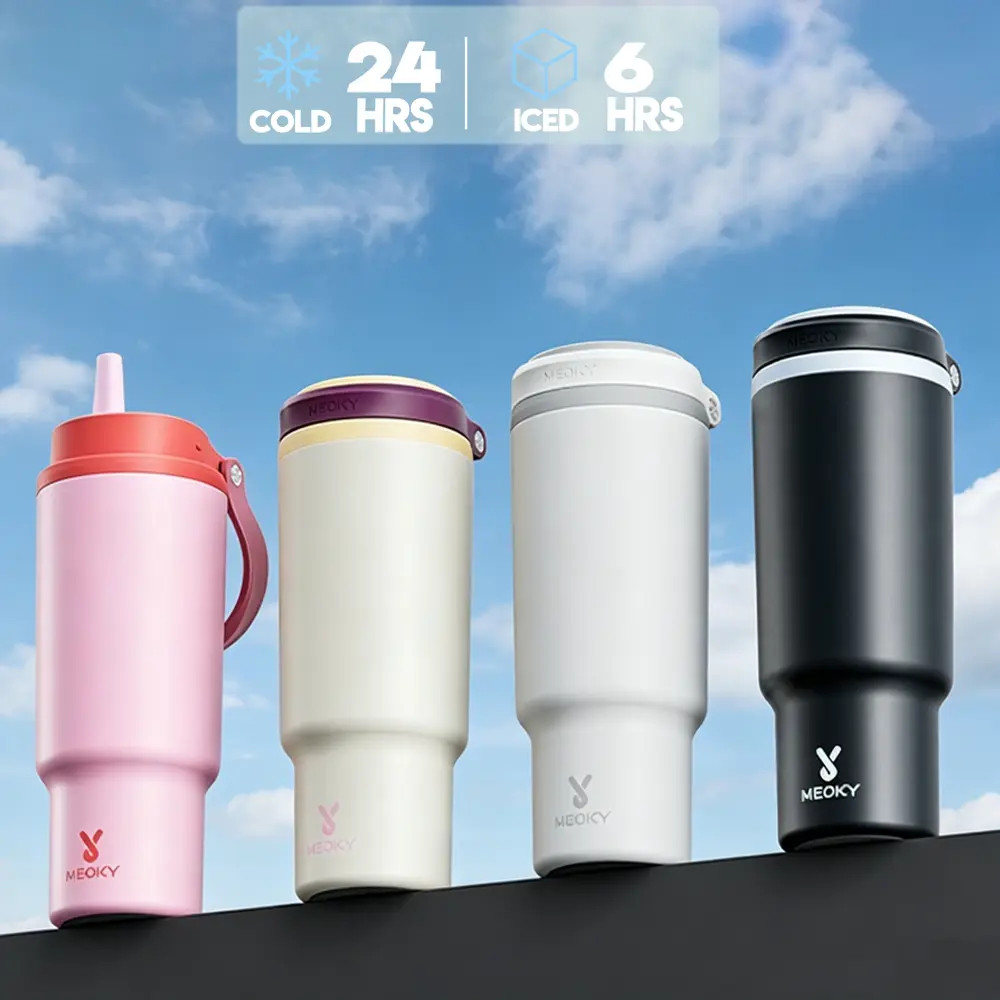 Meoky Straw Popping Series 24oz Portable Vacuum Insulated Stainless Steel Flask, 24H Cold Retention, Auto Pop-Up Straw, Leak-Proof, Car Cup Holder Friendly for Commute, Sports#TikTokShopSummerSale, Flasks