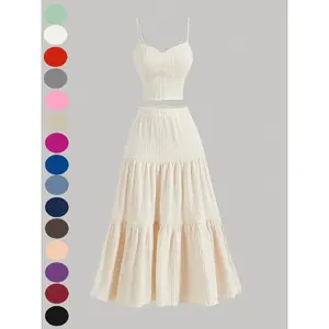 Women's 2 Piece Skirt Set, Cami Crop Top & Ruffle Hem Flowy Skirt, Perfect for Vacation & Going Out, Casual 2026 Fashion