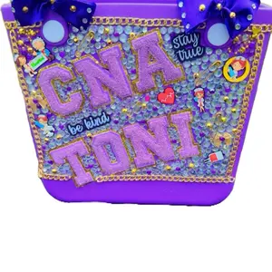 CNALPNRN Custom Work Bag DUPE with Beautiful Stones Fabric Letters, Bows & Charms for Everyday Use, Ideal for Medical Field
