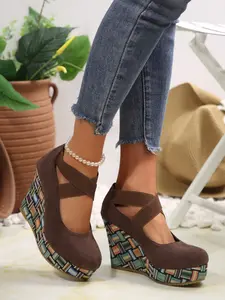 Suede Woven Wedge Platform Pumps High Heels | Crisscross Elastic Strap | Perfect for Boho & Daily Wear! #WedgeHeels #PlatformPumps