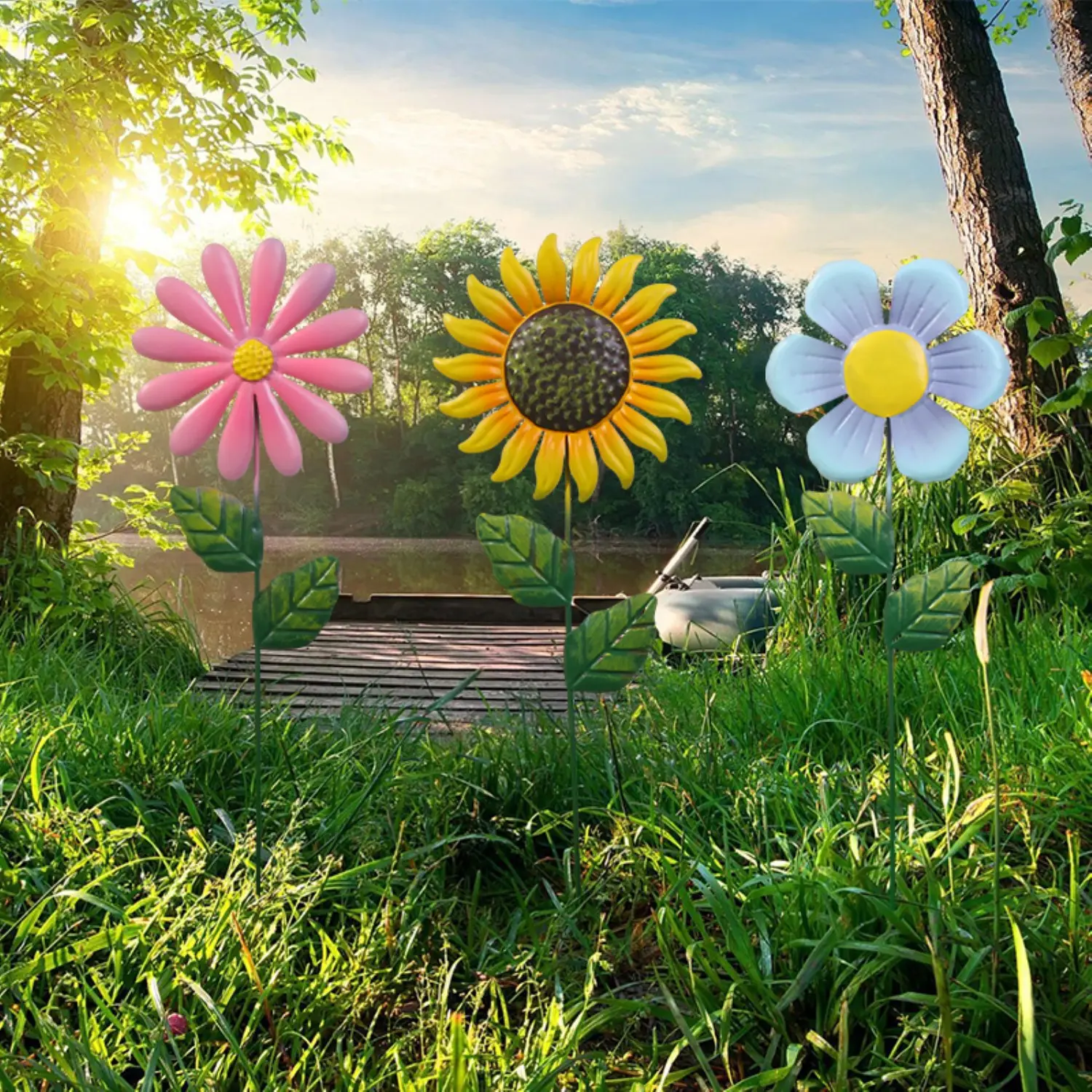 3pcs Iron Flower Stakes Decor, Decorative Metal Sunflower Stakes for Garden Yard Planter, Outdoor Decoration, Patio Decor, Flower Pots Bonsai Decoration, Garden Sculptures Statues