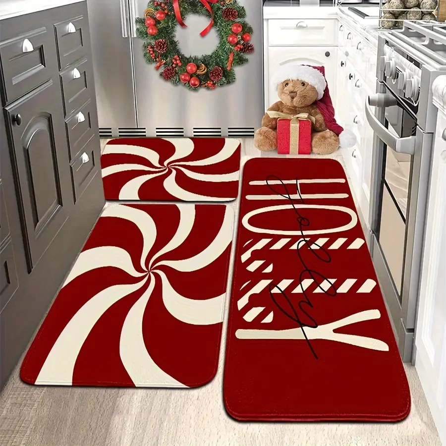 2/3pcs Christmas Kitchen Mat Set, Red and White Mint Swirl Design with "Peace" Characters on Candy Canes, Festive Flannel Mats for Holiday Decoration Rug Set