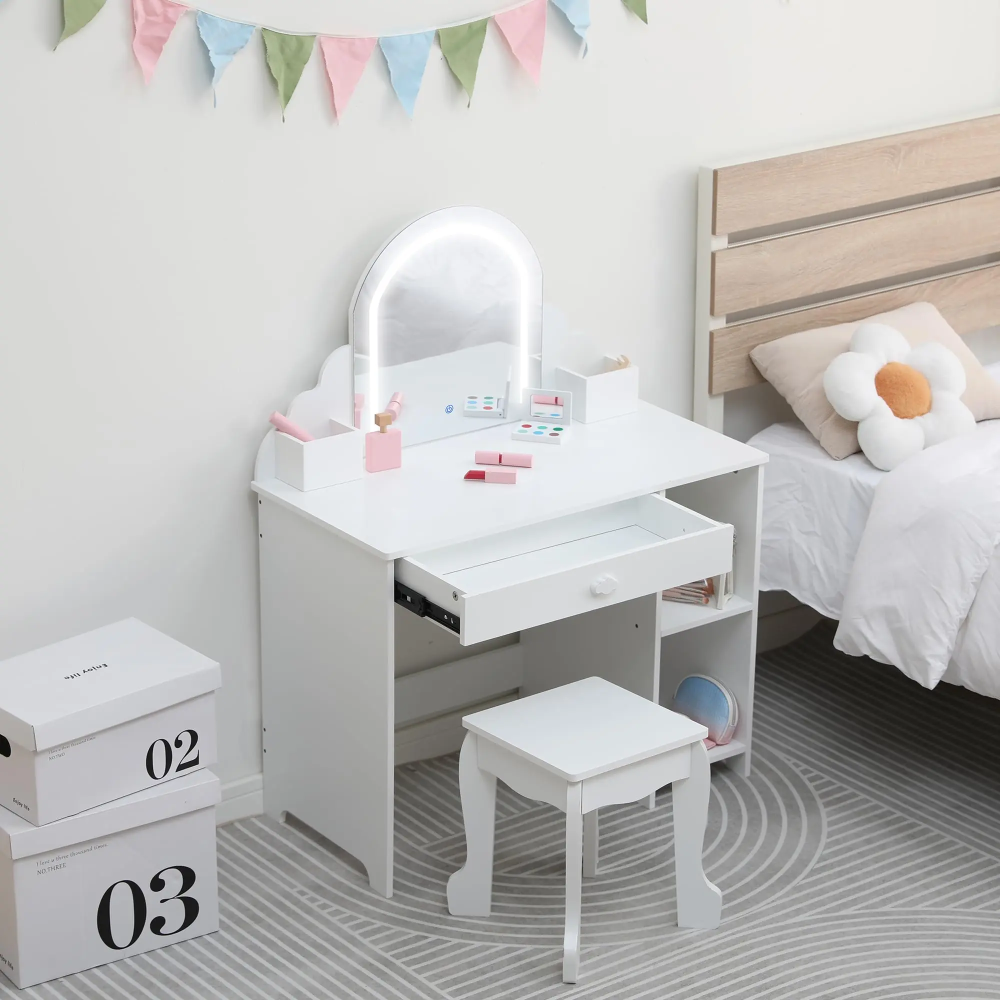 Kids Vanity Desk Furniture with Adjustable LED Light-Up Mirror, Stool & Storage Drawer-Shelves, Pink & White MDF Wood Girls Dressing Table Set for Ages 3-9