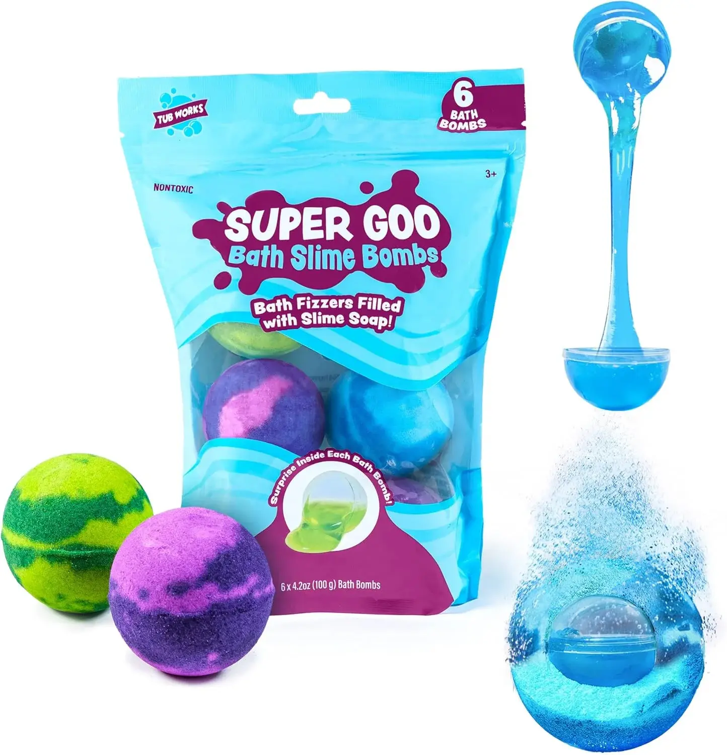 Tub Works Super Goo Bath Slime 'Surprise' Bath Bombs 6 Pack Stretchy Squishy Slime Soap Surprise Inside Sensory Fun Bath Bombs for Kids Non-Toxic & Kid-Friendly Blueberry - Grape