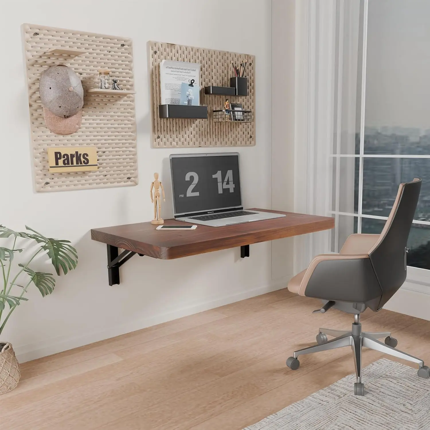Wall Mounted Folding Table with Pine ,24" x 14" Floating Wall Desk,Laundry Folding Table with Shelf Brackets,Fold Down Desk Shelf,Folding Workbench for ,Dining,Laundry Room,Kitchen,Brown