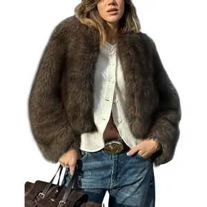 Womens Faux Fur Coat Cropped Fur Jacket Fluffy Long Sleeve Open Front Fuzzy Winter Warm Outerwear