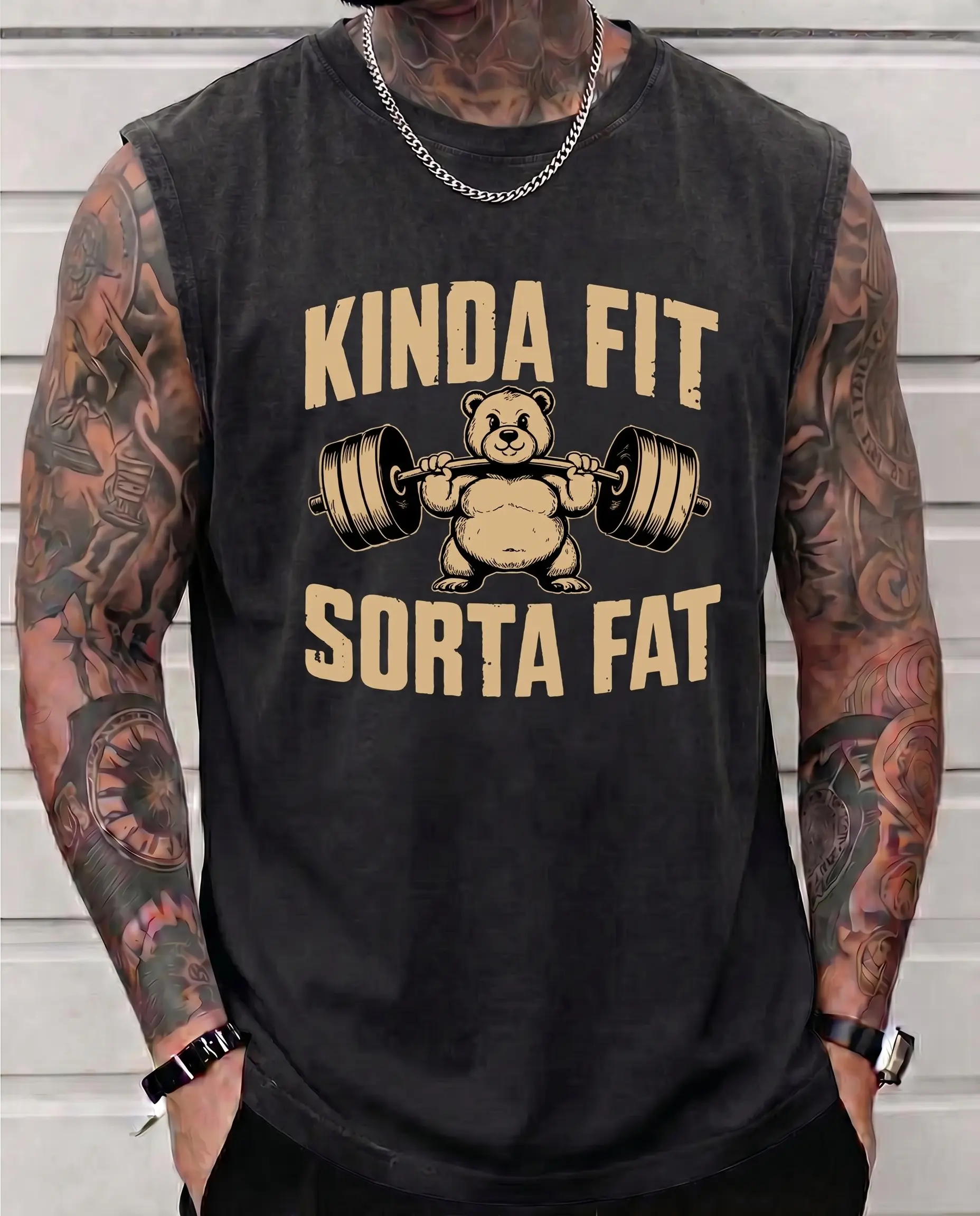 Men's Retro Acid Wash Kinda Fit Sorta Fat Bear Muscle Tank Top - Streetwear Menswear Sleeveless Gym Humor Powerlifting Dad Bod Bulking Workout Top with Quality Fabric Runs Large Size Down