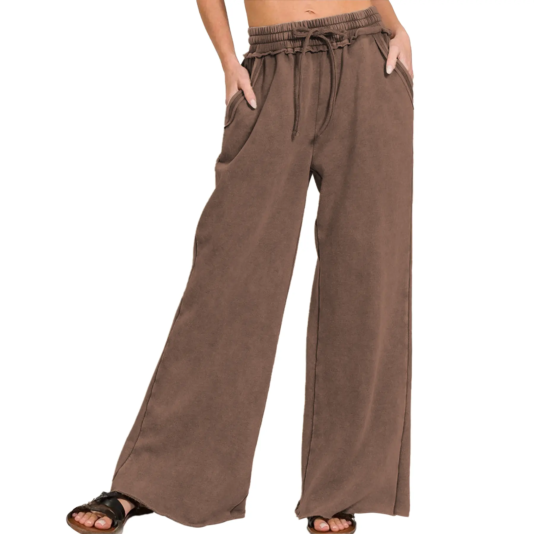 Songling Women's Acid Wash High Waist Drawstring Palazzo Sweatpants - Loose Fit, Wide Leg, Baggy Fleece Bottoms with Pockets, Basic Style Casual Athletic Everyday Womenswear