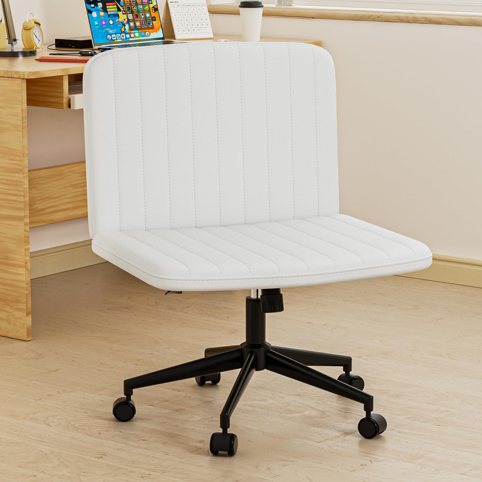 Boucle Criss Cross Armless Office Chair with Wheels offers ergonomic height adjustment and adjustable swivel for home use in white leather