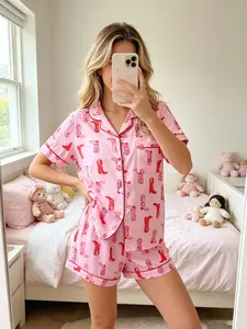 Women's Western Cowboy Heeled Print Pajama Set, Comfortable Cute Casual Elegant Collared Shirt and Pants Two-Piece Sleepwear, Spring Summer