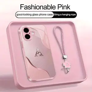 Wave Art 26 letter Phone Case, Suitable for [iPhone 16 Plus] high-end women's, Lanyard a beautiful four-leaf clover lanyard is included🍀 952