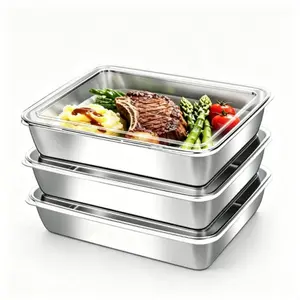 3 Pcs Stainless Steel Food Containers with Clear Lids, Fresh- Keeping Container, Deli Meat Keeper for Refrigerator, Stackable Snack Storage Boxes for Picnic BBQ Party Travel, Freezer & Dishwasher Safe