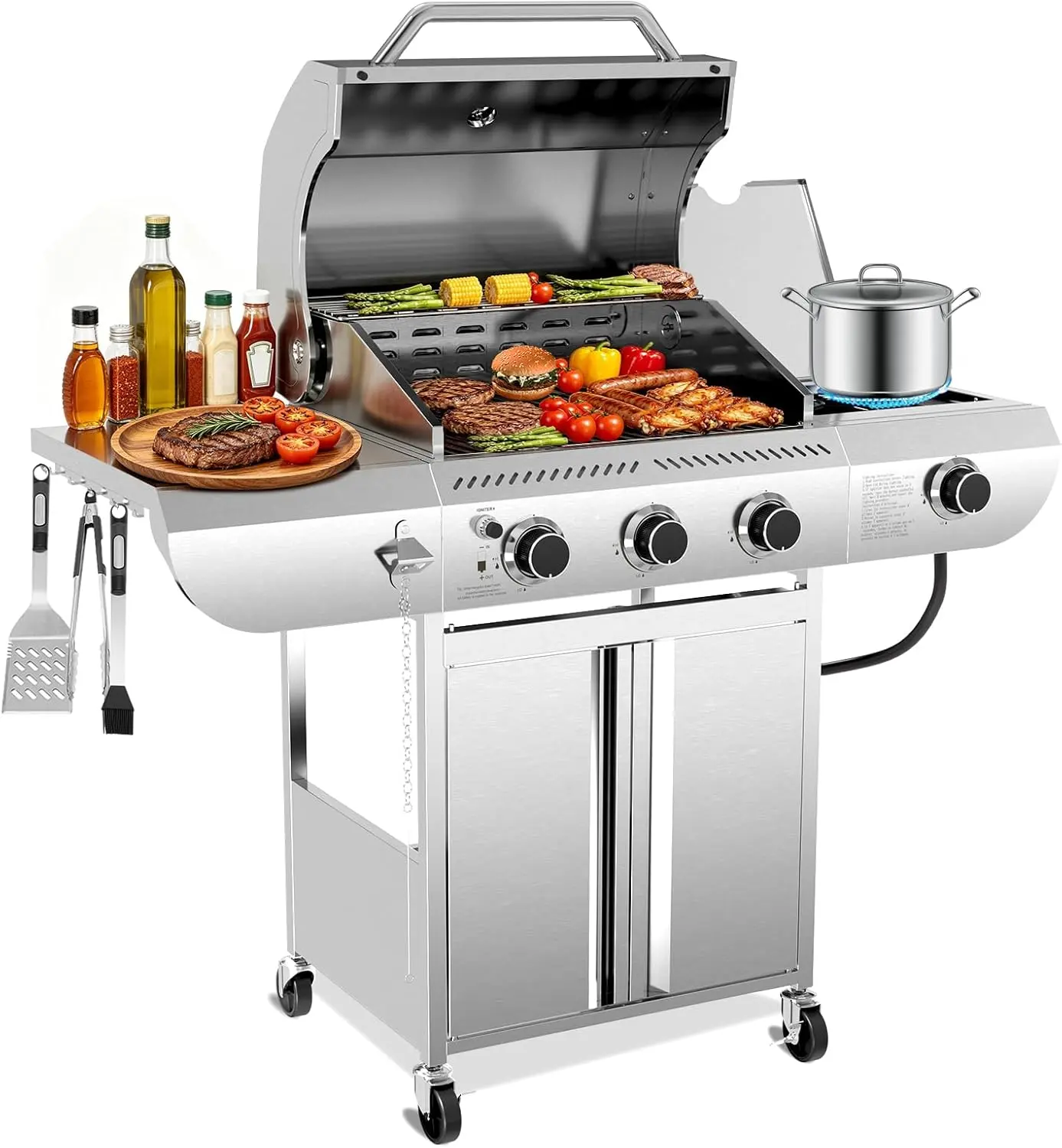 3-Burner Propane Gas Grill with Side Burner, 34,000 BTU Stainless Steel Outdoor BBQ Grill, Parrilla/Asador, Portable with Wheels for Patio, Camping,Cast Iron Grates, 489 Sq.In.,Gas grill for Backyard Patio, Camping, July 4th BBQ