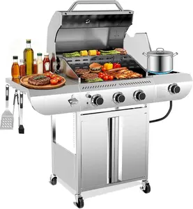3-Burner Propane Gas Grill with Side Burner – 34,000 BTU Stainless Steel Outdoor BBQ Grill, Cast Iron Grates, Portable with Wheels for Patio, Camping, Summerwins