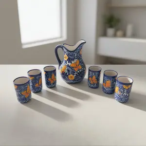 Blue Monarch Talavera Pitcher Set | Mexican Ceramic Drinkware