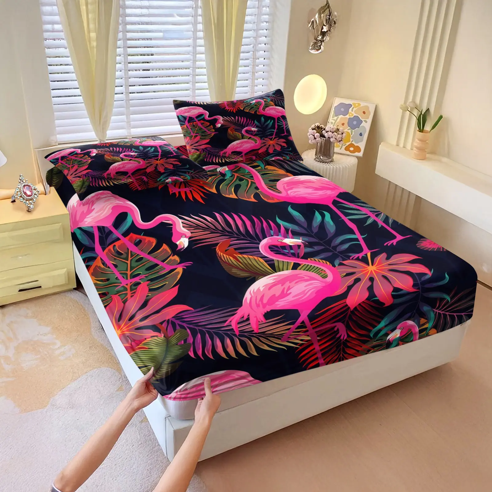 Floral Flamingo Print Pattern Bed Sheet Set, 1 Bed Sheet With 2 Pillowcases (Excluding Pillowcases), Suitable For Bedrooms, Dormitories, And Guest Rooms For Teenagers And Adults, Suitable As a Gift