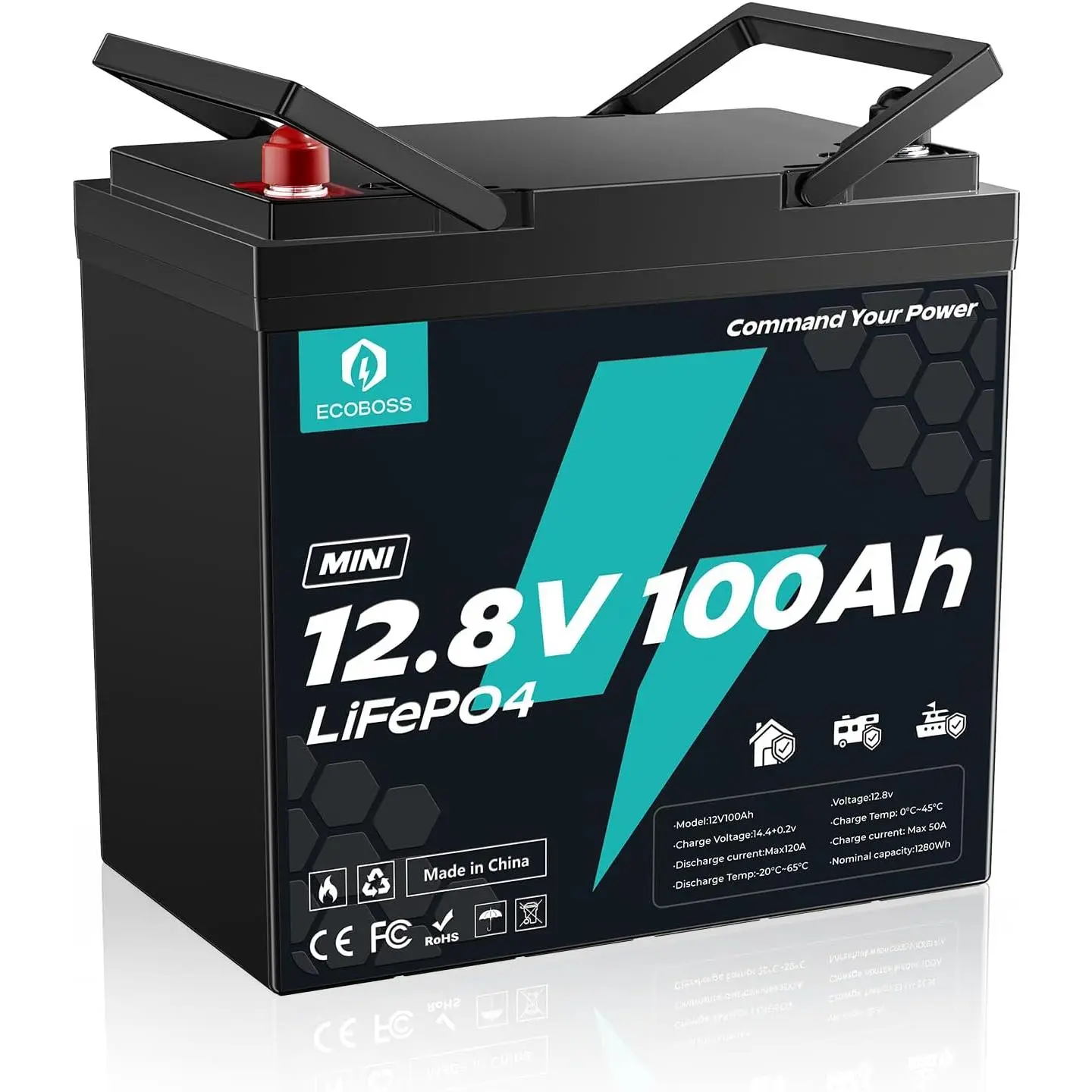 [TikTokShopBackToSchool] ECOBOSS 12.8V 100Ah Compact Form LiFePO4 Battery (Group 24, CE-Certified) with 120A Smart BMS, Low Temp Cutoff, 1280Wh, 15000+ Cycles, 10 Years Lifespan, LiFePO4 Cells for RV, Off-Grid Power Supplies, Father's Day Gift Batteries