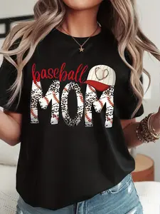 Women's Baseball Mom T-shirt- Soft, Casual, Vintage Style, Featuring Leopard Print and Baseball Bat Patterns, with the Slogan "Baseball MOM, " a Black Top Suitable for All Seasons, Ideal for Moms, Casual Attire, and Team Activities