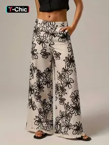 Women's Elegant Floral Print Wide Leg Pants, Ladies Bottom Fringe Long Trousers, Stylish Casual Wear for All Seasons, Casual Chic Trousers, Womenswear